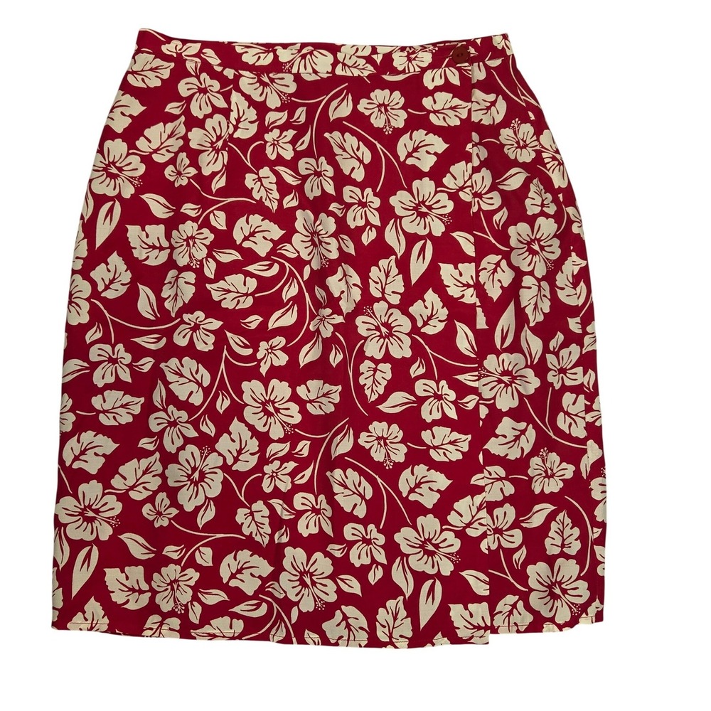 Red White Hawaiian Wrap Knee Skirt sz 8 Vacation Hibiscus Floral Lined Casual